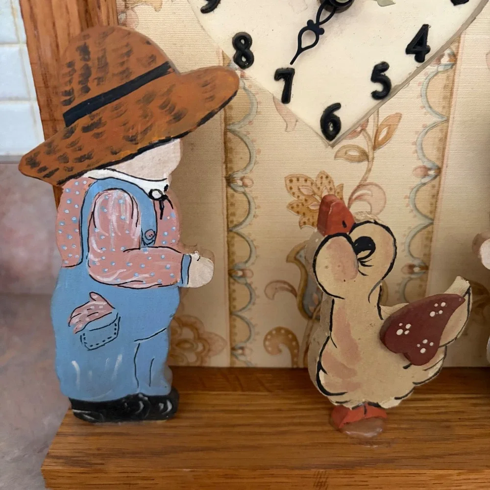 Vintage 1992 Hand Painted Wood Folk Art Clock Heart Country Boy Girl Duck works‎